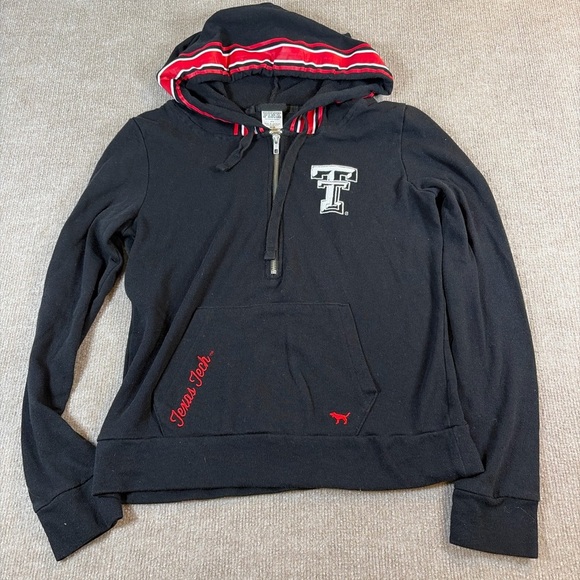 PINK Victoria's Secret Tops - PINK Victoria's Secret Black Hoodie with Red Stripes 1291 Texas tech